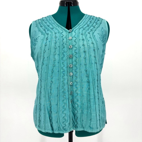 Papa Teal Embroidered Stripe V-Neck Button Front Tie Back Sleeveless Top, Medium - Picture 3 of 16
